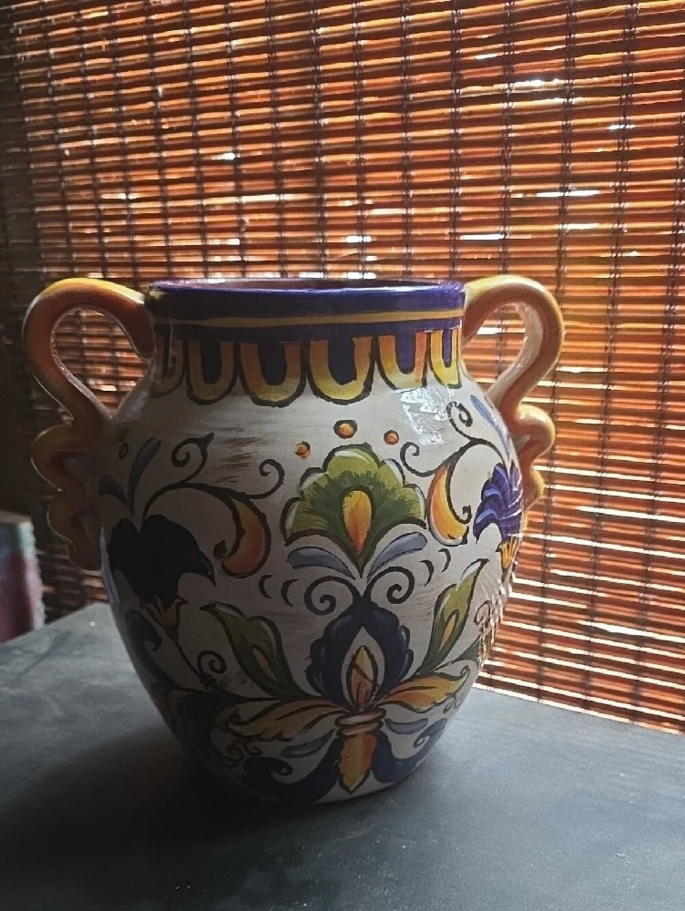 Hand-Painted Ceramic Vase in Blue, Yellow and Green with Double Handles